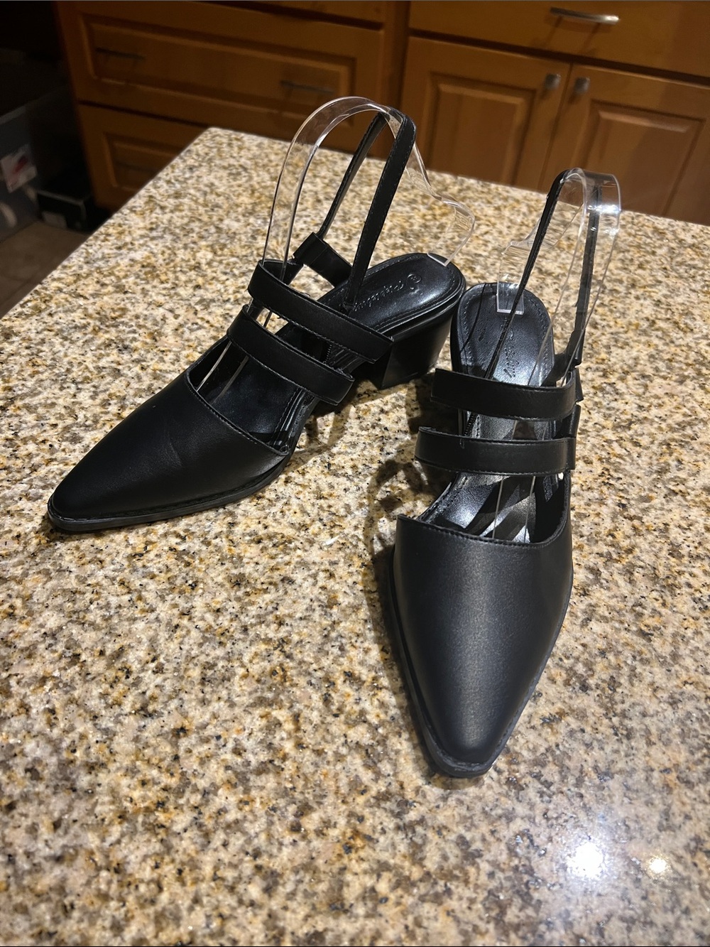 Women’s Black Pointed Slingback Heels with Double Straps